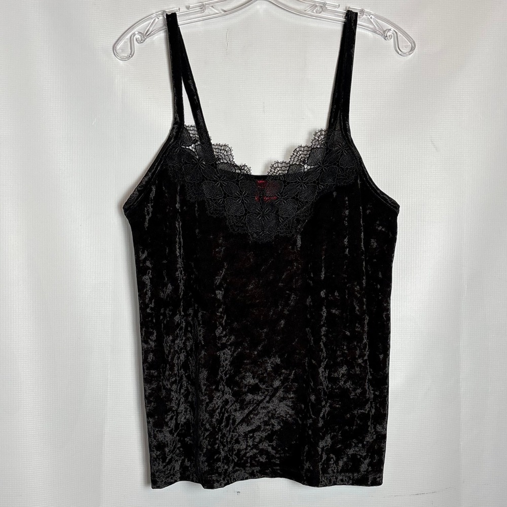 Y2K Black Crushed Velvet Lace Trim Camisole Tank Top Womens Medium Whimsigoth